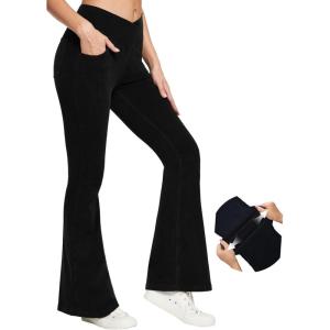 imageIUGA Bell Bottom Jeans for Women High Waisted Stretchy Flare Jeans Pull On Wide Leg Jeans V Cross Tummy Control Flare PantsBlack