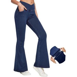 imageIUGA Bell Bottom Jeans for Women High Waisted Stretchy Flare Jeans Pull On Wide Leg Jeans V Cross Tummy Control Flare PantsDark Blue