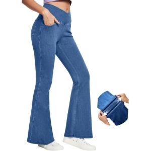 imageIUGA Bell Bottom Jeans for Women High Waisted Stretchy Flare Jeans Pull On Wide Leg Jeans V Cross Tummy Control Flare PantsLight Blue