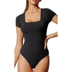 imageIUGA Bodysuits for Women Tummy Control Short Sleeve Square Neck Bodysuit Womens Slimming Basic Body Suit TopsBlack