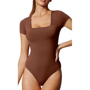 imageIUGA Bodysuits for Women Tummy Control Short Sleeve Square Neck Bodysuit Womens Slimming Basic Body Suit TopsBrownie