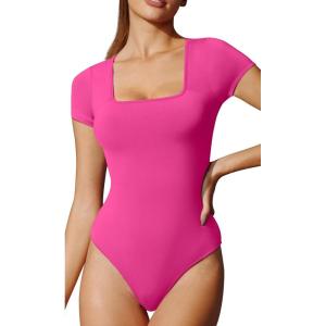 imageIUGA Bodysuits for Women Tummy Control Short Sleeve Square Neck Bodysuit Womens Slimming Basic Body Suit TopsCrush