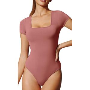 imageIUGA Bodysuits for Women Tummy Control Short Sleeve Square Neck Bodysuit Womens Slimming Basic Body Suit TopsMerlot