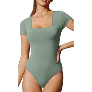 imageIUGA Bodysuits for Women Tummy Control Short Sleeve Square Neck Bodysuit Womens Slimming Basic Body Suit TopsSage