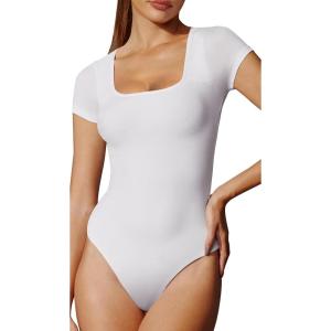 imageIUGA Bodysuits for Women Tummy Control Short Sleeve Square Neck Bodysuit Womens Slimming Basic Body Suit TopsWhite