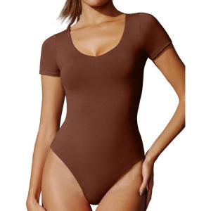 imageIUGA Bodysuits for Women Tummy Control Short Sleeve V Neck Body Suits for Womens Compression Slimming Thong BodysuitBrownie