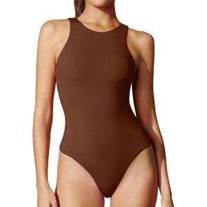 imageIUGA Bodysuits for Women Tummy Control Sleeveless Bodysuit Racerback Halter Body suits Tank TopBrownie