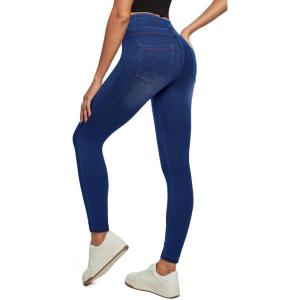 imageIUGA Jeggings for Women Tummy Control Pull on Stretchy Jeans High Waisted Skinny Jean Leggings with Pockets Trendy CasualWhiskers Dark Wash