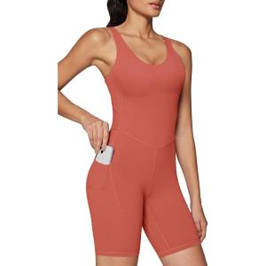 imageIUGA One Piece Jumpsuits for Women Tummy Control Workout Jumpsuits Athletic Romper with Builtin Bra PocketsBrick Red