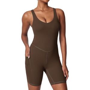 imageIUGA One Piece Jumpsuits for Women Tummy Control Workout Jumpsuits Athletic Romper with Builtin Bra PocketsBrown