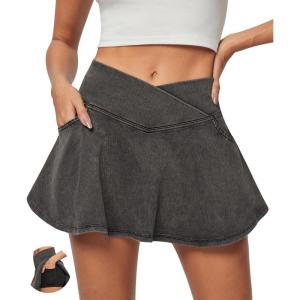 imageIUGA Stretchy Ruffle Denim Skort VWaist Jean Skort with 4 Pockets Trendy High Waisted Mini Jean Skirt with Shorts UnderneathGrey