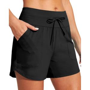 imageIUGA Womens 5quot Swim Board Shorts Stretchy High Waisted Beach Shorts for Women Quick Dry UPF 50 Swimsuit Bottoms with LinerBlack