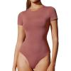 imageIUGA Bodysuits for Women Tummy Control Crew Neck Short Sleeve Body suits Basic Bodysuit T shirt TopsMerlot