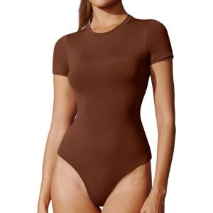 imageIUGA Bodysuits for Women Tummy Control Crew Neck Short Sleeve Body suits Basic Bodysuit T shirt TopsBrownie