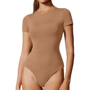 imageIUGA Bodysuits for Women Tummy Control Crew Neck Short Sleeve Body suits Basic Bodysuit T shirt TopsLatte