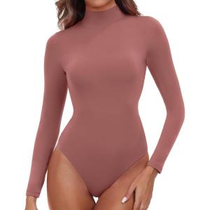 imageIUGA Long Sleeve Body suits Womens Mock Turtle Neck Bodysuits Womens Fully Double Lined Basic Bodysuit TopsMerlot