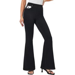 imageIUGA Bell Bottom Jeans for Women High Waisted Stretchy Pull On Flare Jeans Wide Leg Leggings Tummy Control Flare PantsBlack