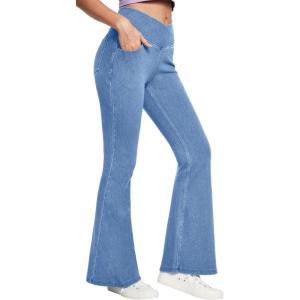 imageIUGA Bell Bottom Jeans for Women High Waisted Stretchy Flare Jeans Pull On Wide Leg Jean Woman V Cross Flare Leggings PantsBaby Blue
