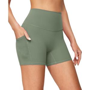 imageIUGA Biker Shorts Women with Pockets No Front Seam 4quot Yoga Spandex Shorts Women Workout Running High Waisted Tummy ControlArmy Green