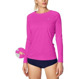 imageIUGA Rash Guard for Women UPF 50 SPF UV Protection Long Sleeve Workout Tops with Pockets Dry Fit Hiking Swim ShirtMagnolia Pink