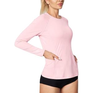 imageIUGA Rash Guard for Women UPF 50 SPF UV Protection Long Sleeve Workout Tops with Pockets Dry Fit Hiking Swim ShirtPink