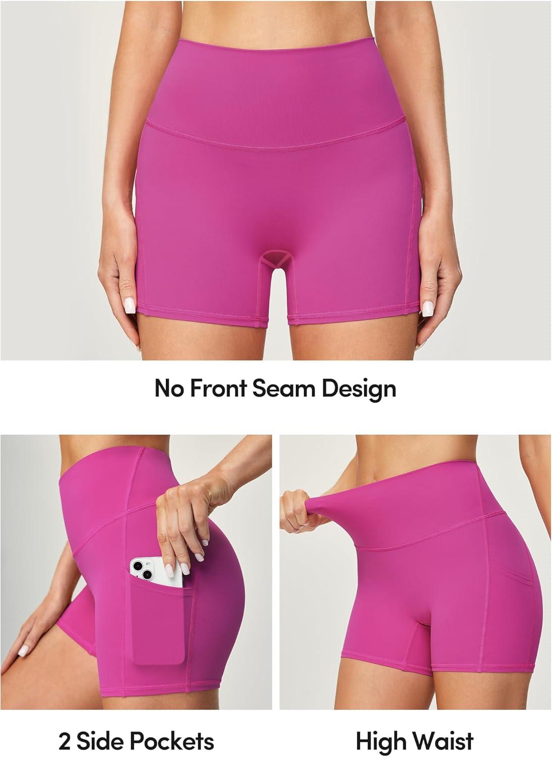 imageIUGA Biker Shorts Women with Pockets No Front Seam 4quot Yoga Spandex Shorts Women Workout Running High Waisted Tummy ControlPink