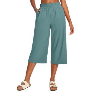 image:imageIUGA Capri Pants for Women High Waisted Wide Leg Casual Lounge Summer Pant Capris Adjustable Drawstring with PocketsSea Green