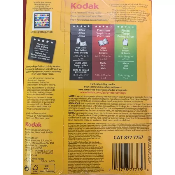 Kodak Ultra Premium photo paper 4 x 6 glossy, 20 count 74 lb - 280 g/m 