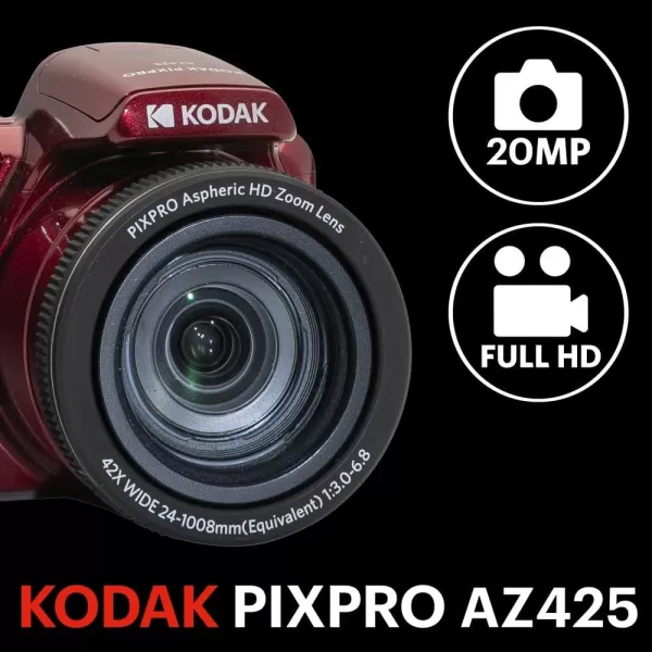 KODAK PIXPRO AZ425-RD 20MP Digital Camera 42X Optical Zoom 24mm Wide Angle 1080P Full HD Video Optical Image Stabilization Li-Ion Battery 3" LCD Vlogging Camera 