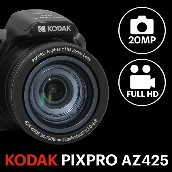 KODAK PIXPRO AZ425-RD 20MP Digital Camera 42X Optical Zoom 24mm Wide Angle 1080P Full HD Video Optical Image Stabilization Li-Ion Battery 3" LCD Vlogging Camera 