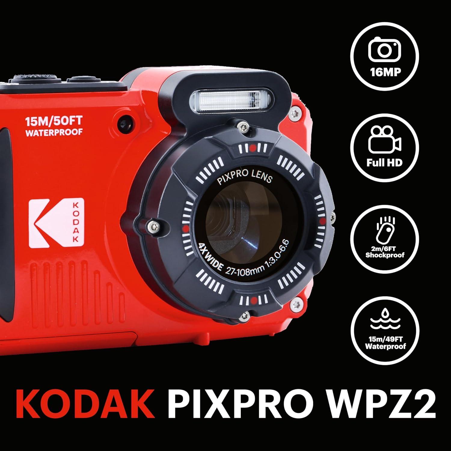 imageKODAK PIXPRO WPZ2 Rugged Waterproof Shockproof Dustproof WiFi Digital Camera 16MP 4X Optical Zoom 1080P Full HD Video Vlogging Camera 27quot LCD YellowRed
