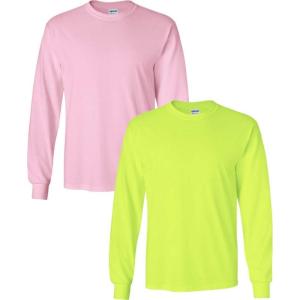 imageGildan Adult DryBlend Long Sleeve TShirt Style G8400 2Pack1 Safety Green  1 Light Pink