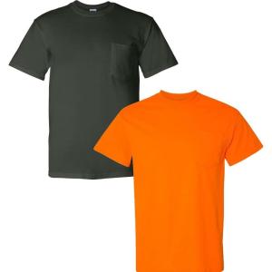 imageGildan Unisex Adult Ultra Cotton TShirt with Pocket Style G2300 2Pack1 Forest Green  1 Safety Orange