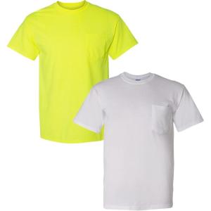imageGildan Unisex Adult Ultra Cotton TShirt with Pocket Style G2300 2Pack1 Safety Green  1 White