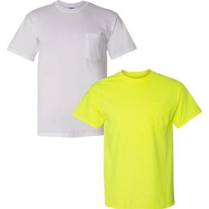 imageGildan Unisex Adult Ultra Cotton TShirt with Pocket Style G2300 2Pack1 White  1 Safety Green