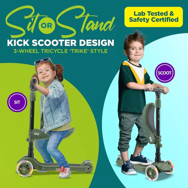 3 Wheeled Scooter for Kids - 2-in-1 Sit/Stand Child Toddlers Toy Kick Scooters w/Flip-Out Seat, Adjustable Height, Wide Deck, Flashing Wheel Lights, Great for Outdoor Fun