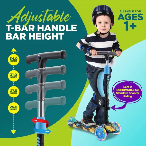 3 Wheeled Scooter for Kids - 2-in-1 Sit/Stand Child Toddlers Toy Kick Scooters w/Flip-Out Seat, Adjustable Height, Wide Deck, Flashing Wheel Lights, Great for Outdoor Fun