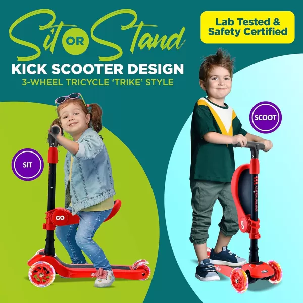 3 Wheeled Scooter for Kids - 2-in-1 Sit/Stand Child Toddlers Toy Kick Scooters w/Flip-Out Seat, Adjustable Height, Wide Deck, Flashing Wheel Lights, Great for Outdoor Fun