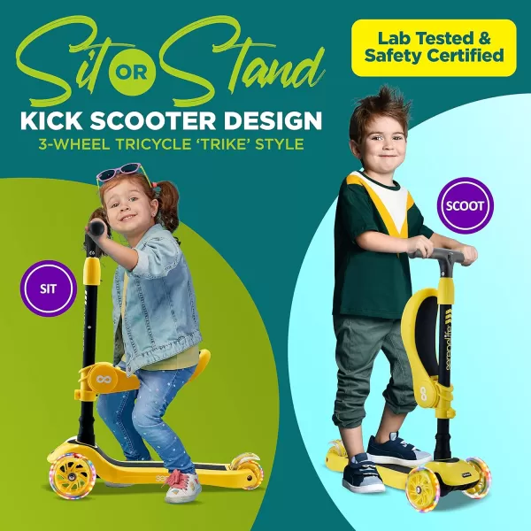 3 Wheeled Scooter for Kids - 2-in-1 Sit/Stand Child Toddlers Toy Kick Scooters w/Flip-Out Seat, Adjustable Height, Wide Deck, Flashing Wheel Lights, Great for Outdoor Fun