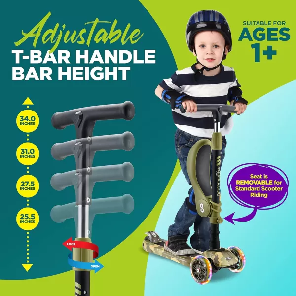 3 Wheeled Scooter for Kids - 2-in-1 Sit/Stand Child Toddlers Toy Kick Scooters w/Flip-Out Seat, Adjustable Height, Wide Deck, Flashing Wheel Lights, Great for Outdoor Fun