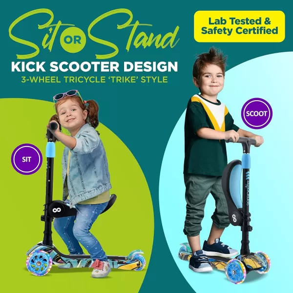 3 Wheeled Scooter for Kids - 2-in-1 Sit/Stand Child Toddlers Toy Kick Scooters w/Flip-Out Seat, Adjustable Height, Wide Deck, Flashing Wheel Lights, Great for Outdoor Fun