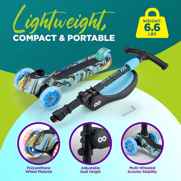 3 Wheeled Scooter for Kids - 2-in-1 Sit/Stand Child Toddlers Toy Kick Scooters w/Flip-Out Seat, Adjustable Height, Wide Deck, Flashing Wheel Lights, Great for Outdoor Fun