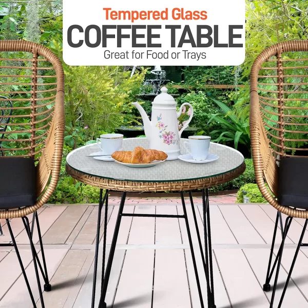SereneLife 3 Piece Chat, Outdoor Living Rattan Furniture Set Includes 2 Single Chairs w/Cushions and 1 Glass-top Coffee Table , Black