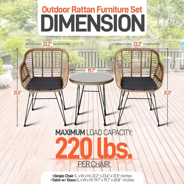 SereneLife 3 Piece Chat, Outdoor Living Rattan Furniture Set Includes 2 Single Chairs w/Cushions and 1 Glass-top Coffee Table , Black
