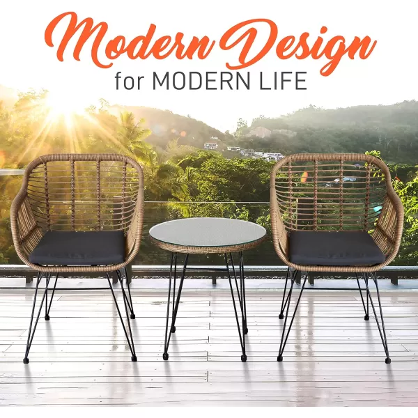 SereneLife 3 Piece Chat, Outdoor Living Rattan Furniture Set Includes 2 Single Chairs w/Cushions and 1 Glass-top Coffee Table , Black