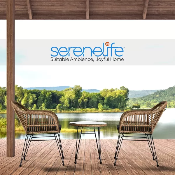 SereneLife 3 Piece Chat, Outdoor Living Rattan Furniture Set Includes 2 Single Chairs w/Cushions and 1 Glass-top Coffee Table , Black