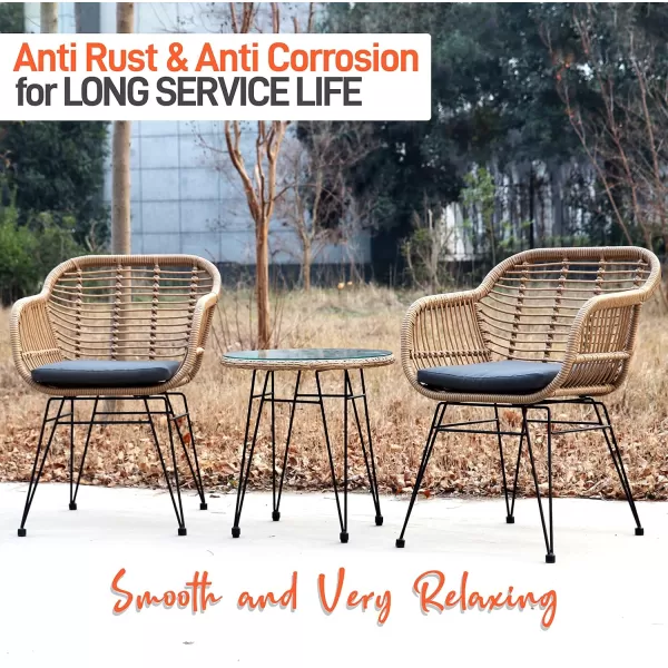 SereneLife 3 Piece Chat, Outdoor Living Rattan Furniture Set Includes 2 Single Chairs w/Cushions and 1 Glass-top Coffee Table , Black