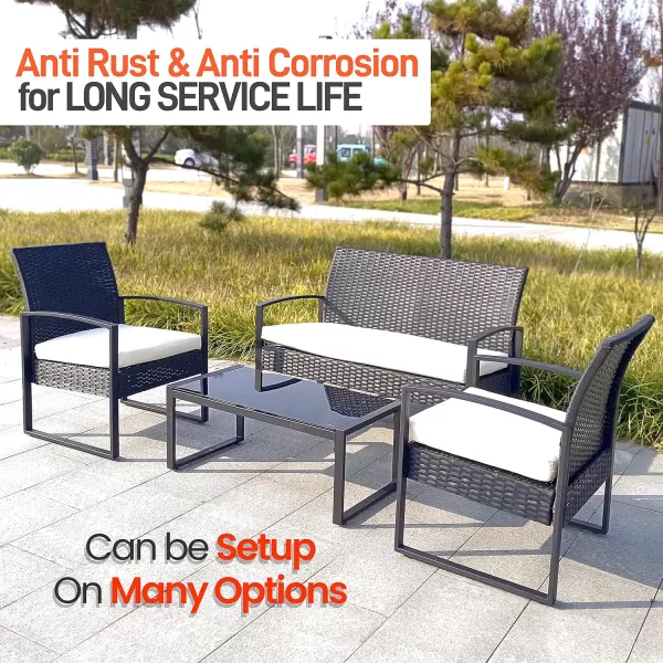 SereneLife 4 Piece Conversation/Chat Set, Outdoor Living Rattan Furniture, Includes 1 Double &amp; 2 Single Chairs with Cushion &amp; 1 Glass-top Coffee Table, Black