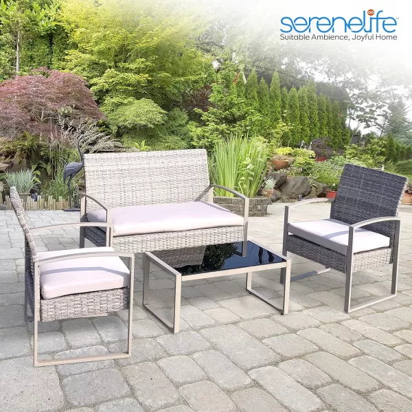 SereneLife 4 Piece Conversation/Chat Set, Outdoor Living Rattan Furniture, Includes 1 Double &amp; 2 Single Chairs with Cushion &amp; 1 Glass-top Coffee Table, Taupe