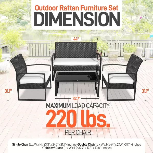 SereneLife 4 Piece Conversation/Chat Set, Outdoor Living Rattan Furniture, Includes 1 Double &amp; 2 Single Chairs with Cushion &amp; 1 Glass-top Coffee Table, Black